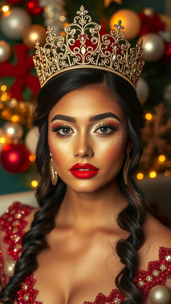 Festive Christmas Queen Makeup Tutorial Glamorous Christmas Queen makeup with gold and red tones, featuring radiant skin and bold red lips.
